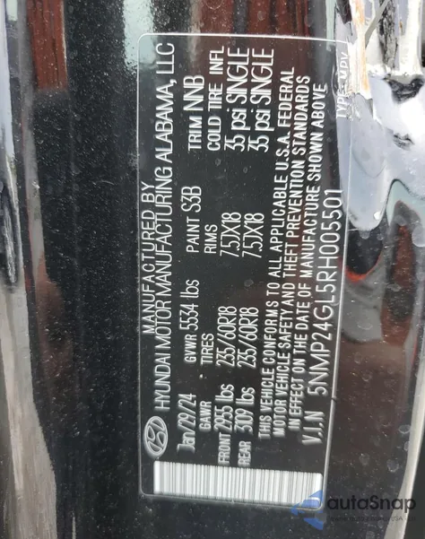 2024 Hyundai Santa Fe Sel from USA, damaged, VIN 5NMP24GL5RH005501